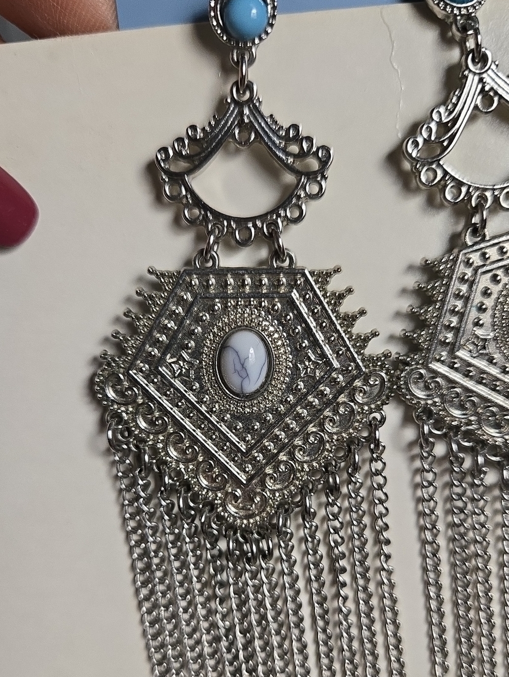 Vintage Silver Filigree Chandelier Earrings with Fuax Turquoise Studs - Picture 10 of 15
